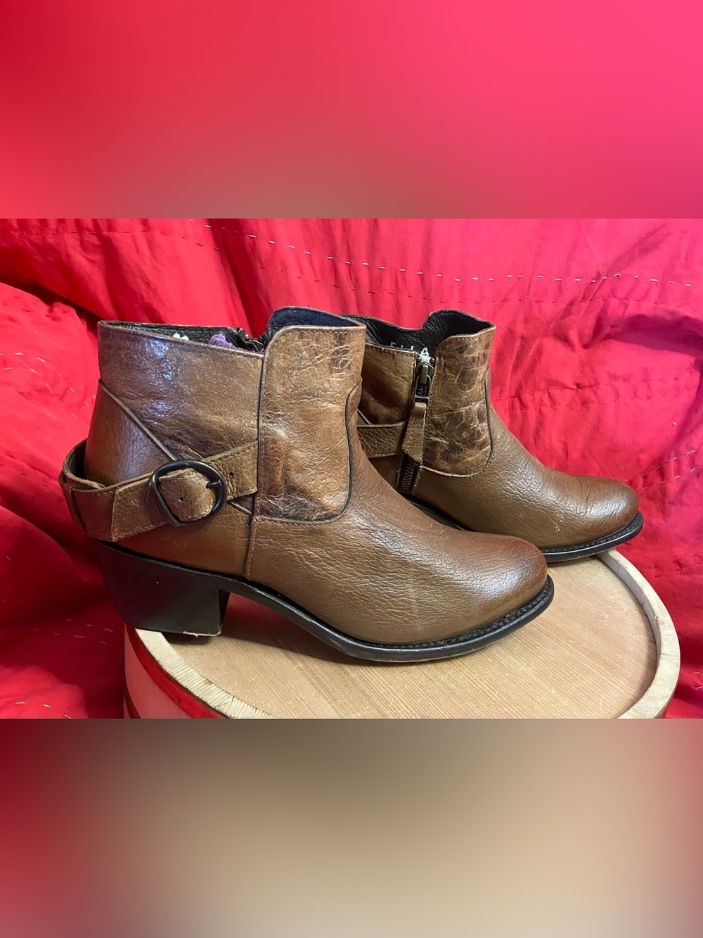 Sonora Ella Leather Western Look Booties Womens Brown Side Zip & Buckle Size 9